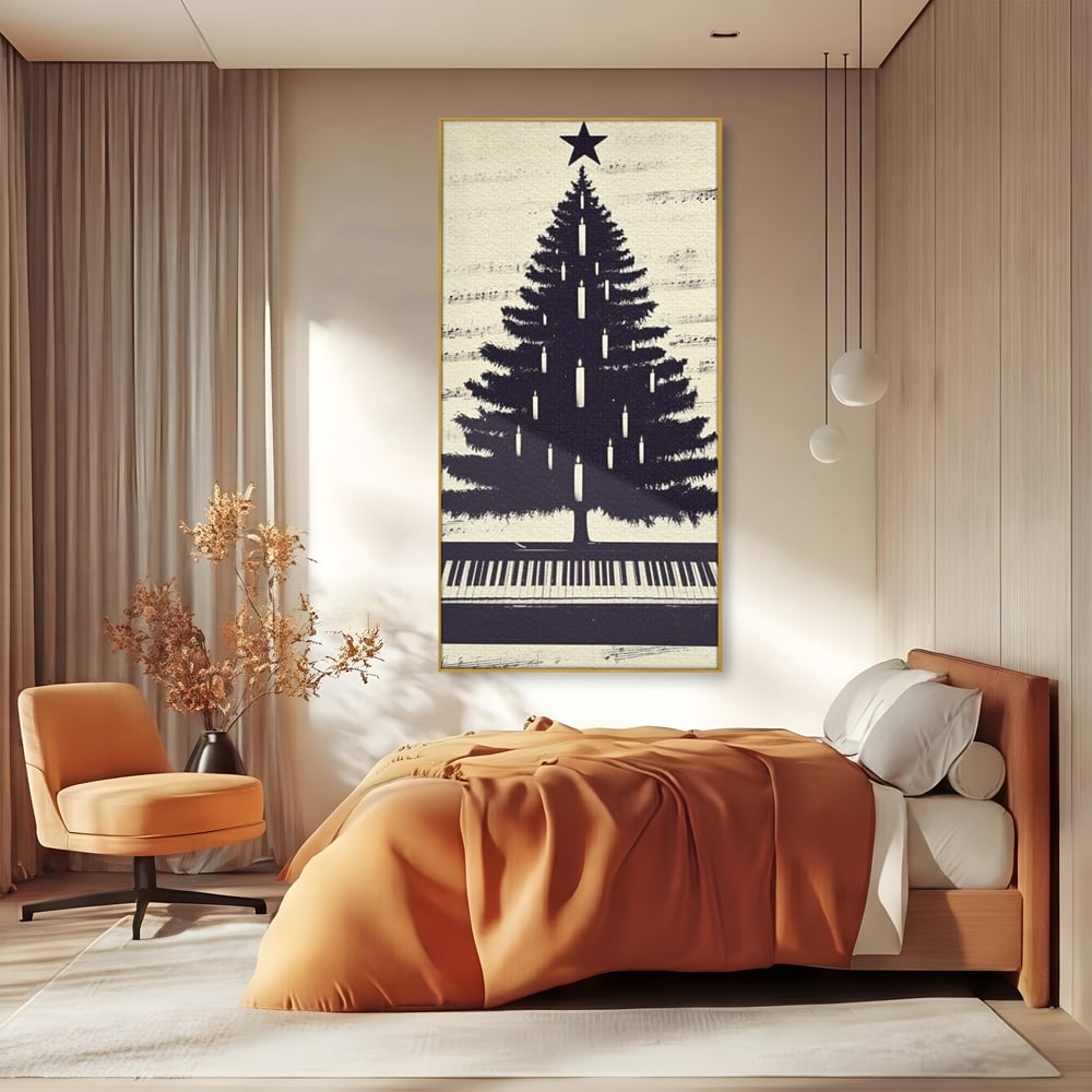 Tablou canvas cu tablou canvas cu brad din clape de pian, in rama de aluminiu auriu, pe perete intr-un dormitor